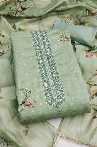 light green unstitched digital print handwork with printed dupatta butti dress material
