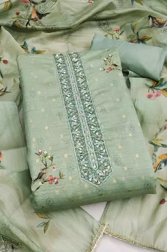 light green unstitched digital print handwork with printed dupatta butti dress material