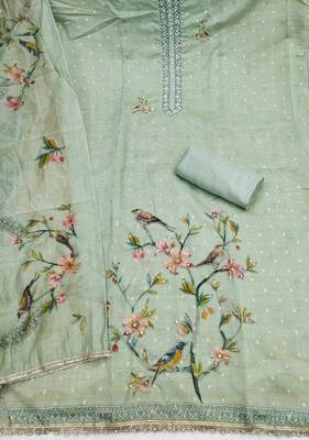 light green unstitched digital print handwork with printed dupatta butti dress material 2