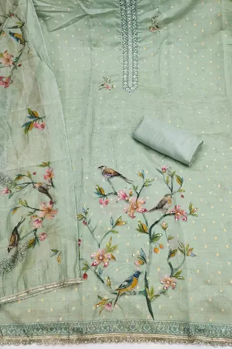 light green unstitched digital print handwork with printed dupatta butti dress material