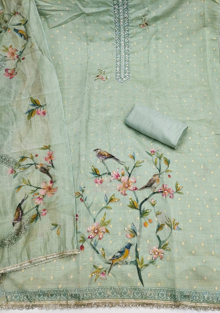 light green unstitched digital print handwork with printed dupatta butti dress material