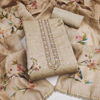beige unstitched digital print handwork with printed dupatta butti dress material 1