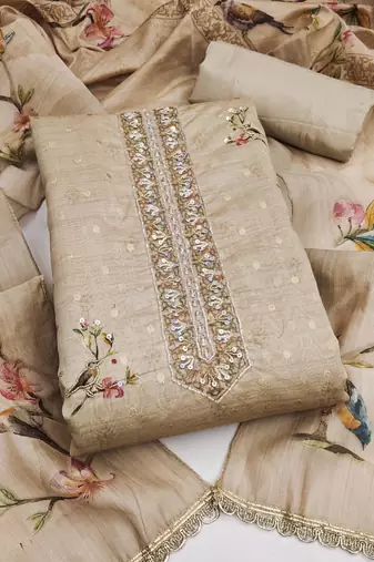 beige unstitched digital print handwork with printed dupatta butti dress material