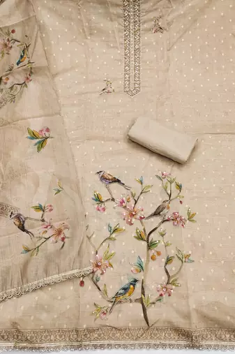 beige unstitched digital print handwork with printed dupatta butti dress material