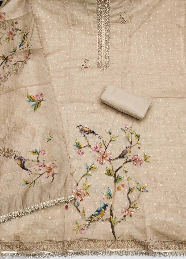 beige unstitched digital print handwork with printed dupatta butti dress material