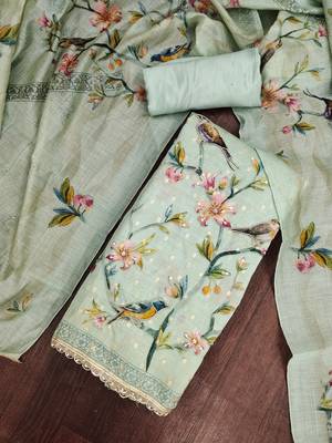 light green unstitched digital print handwork with printed dupatta butti dress material 4