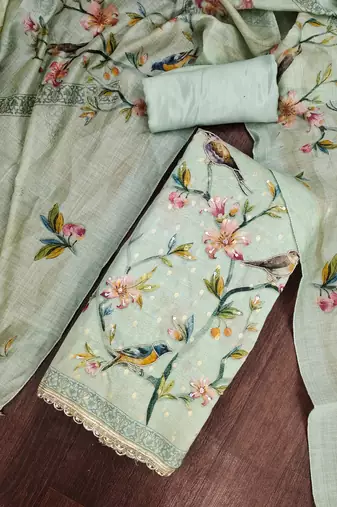 light green unstitched digital print handwork with printed dupatta butti dress material