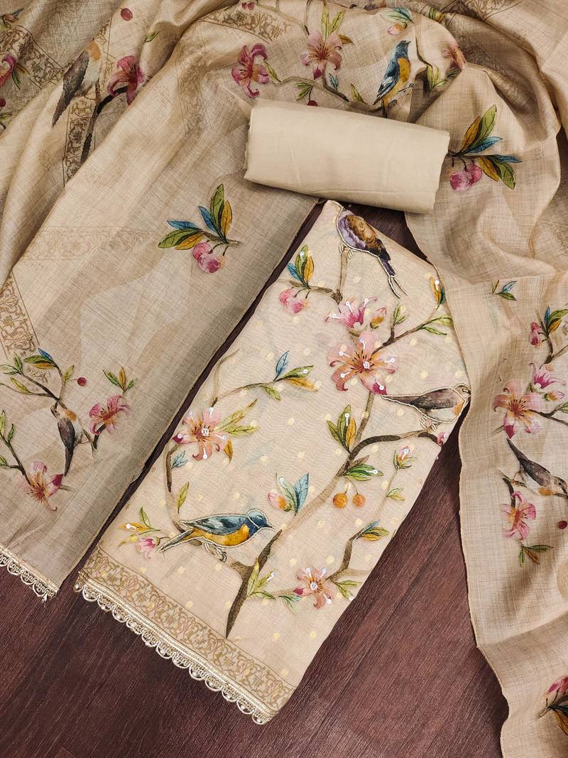 beige unstitched digital print handwork with printed dupatta butti dress material