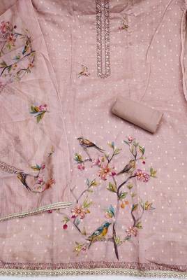 lavender unstitched digital print handwork with printed dupatta butti dress material 2
