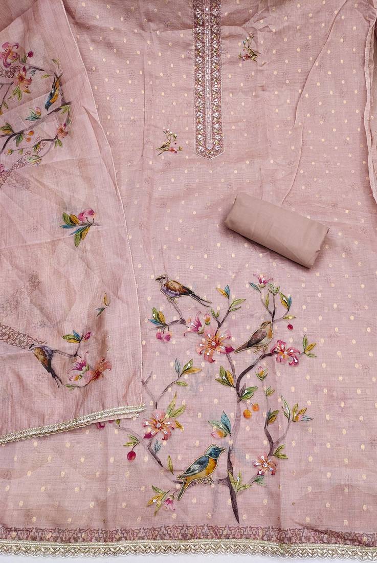 lavender unstitched digital print handwork with printed dupatta butti dress material
