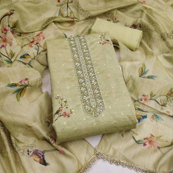 olive green unstitched digital print handwork with printed dupatta butti dress material 1