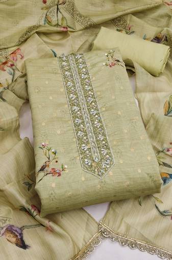 olive green unstitched digital print handwork with printed dupatta butti dress material