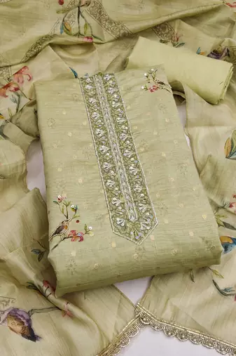 olive green unstitched digital print handwork with printed dupatta butti dress material