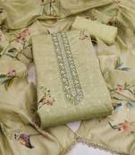 olive green unstitched digital print handwork with printed dupatta butti dress material