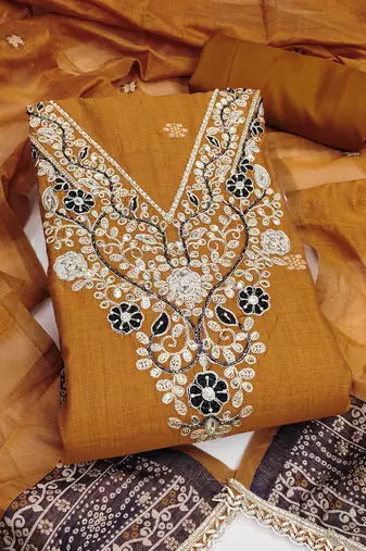 mustard unstitched weaving handwork with woven dupatta dress material
