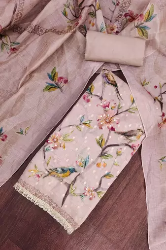 lavender unstitched digital print handwork with printed dupatta butti dress material