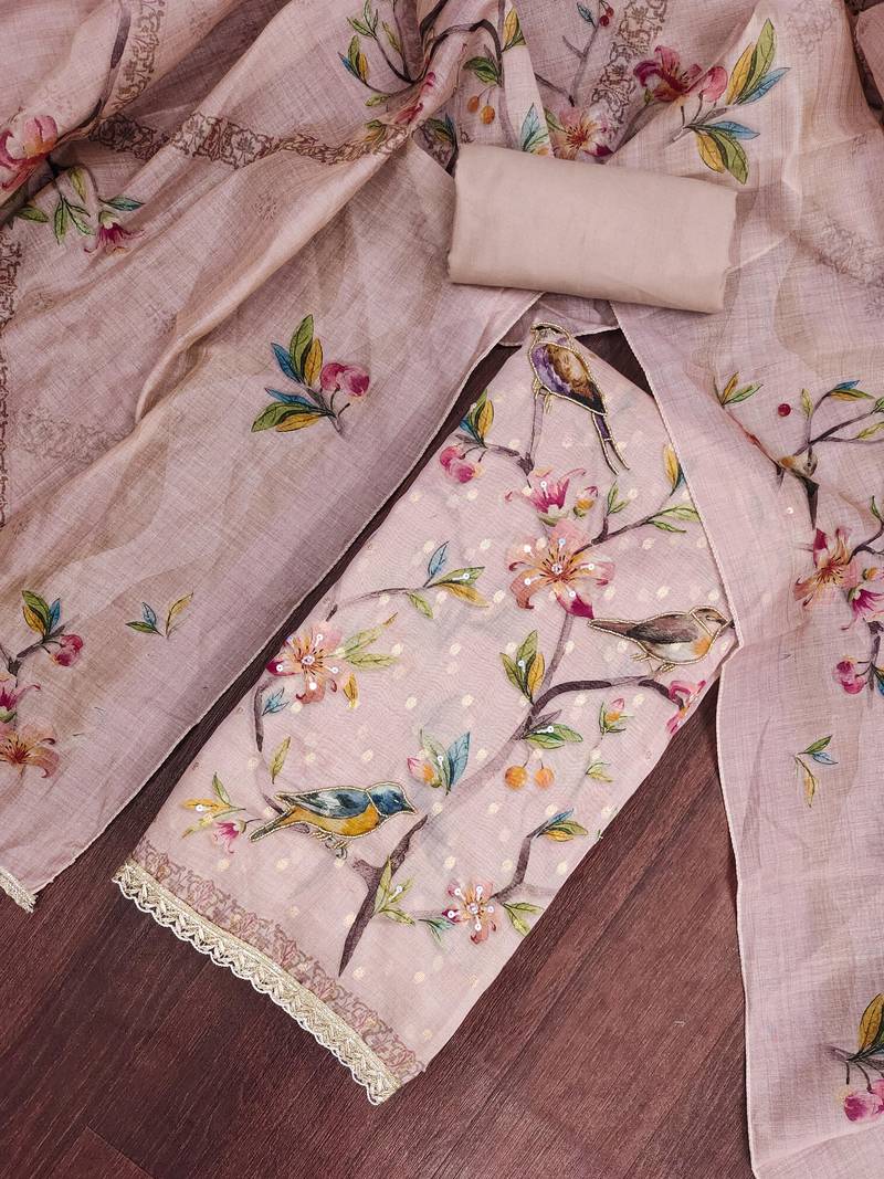 lavender unstitched digital print handwork with printed dupatta butti dress material
