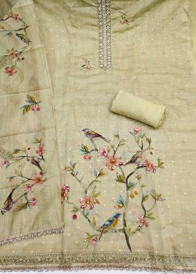 olive green unstitched digital print handwork with printed dupatta butti dress material 2