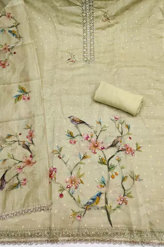 olive green unstitched digital print handwork with printed dupatta butti dress material
