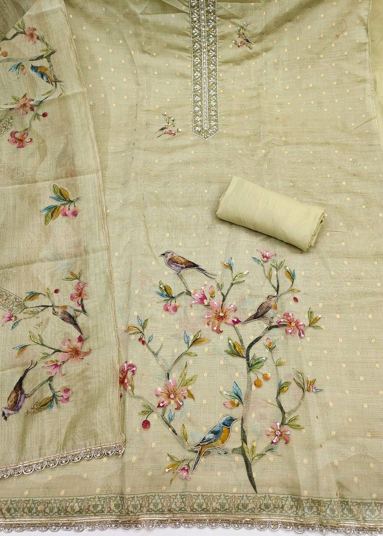 olive green unstitched digital print handwork with printed dupatta butti dress material