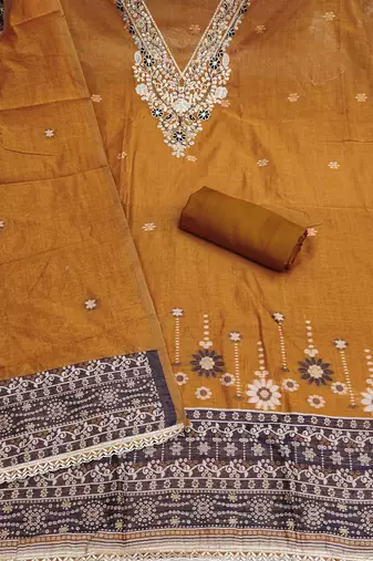 mustard unstitched weaving handwork with woven dupatta dress material