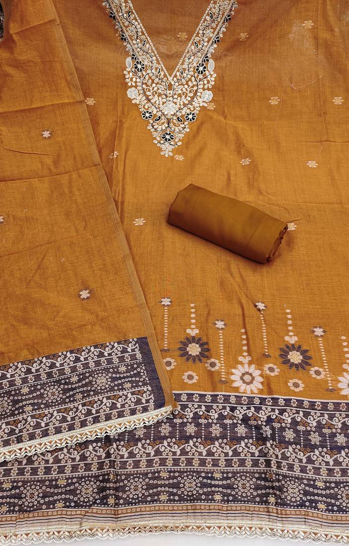 mustard unstitched weaving handwork with woven dupatta dress material