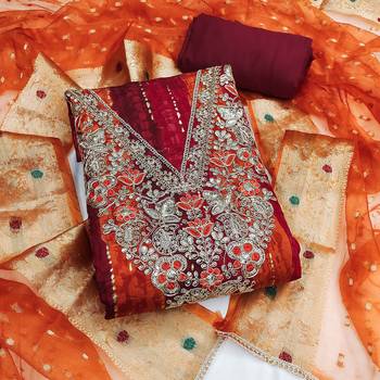 multi unstitched print handwork with woven embellished dupatta modal dress material 1
