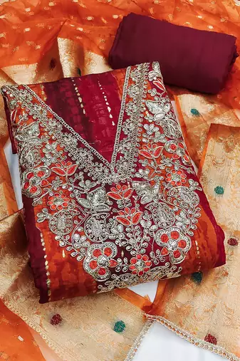 multi unstitched print handwork with woven embellished dupatta modal dress material