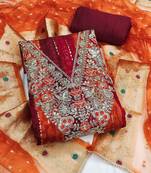multi unstitched print handwork with woven embellished dupatta modal dress material
