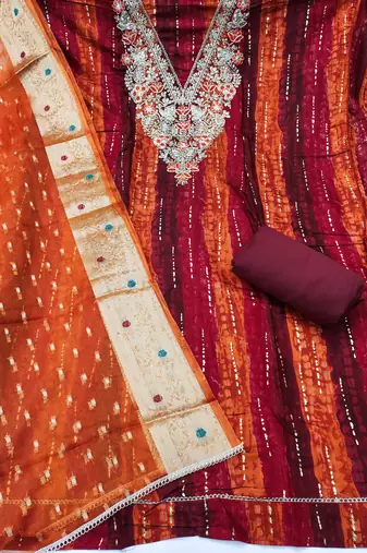 multi unstitched print handwork with woven embellished dupatta modal dress material