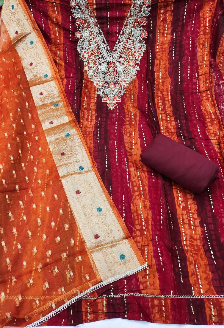 multi unstitched print handwork with woven embellished dupatta modal dress material