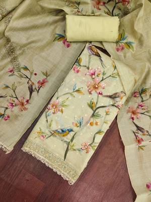 olive green unstitched digital print handwork with printed dupatta butti dress material 4