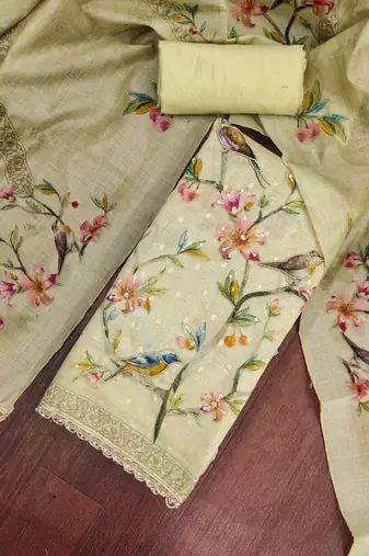 olive green unstitched digital print handwork with printed dupatta butti dress material
