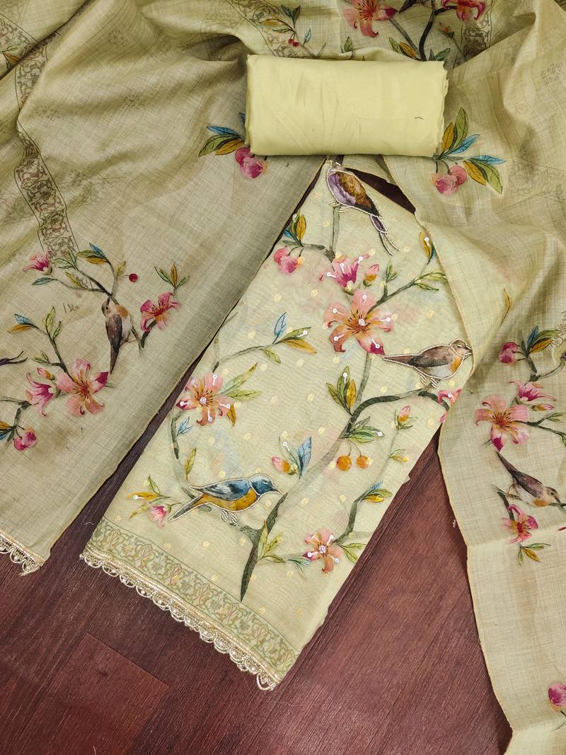 olive green unstitched digital print handwork with printed dupatta butti dress material