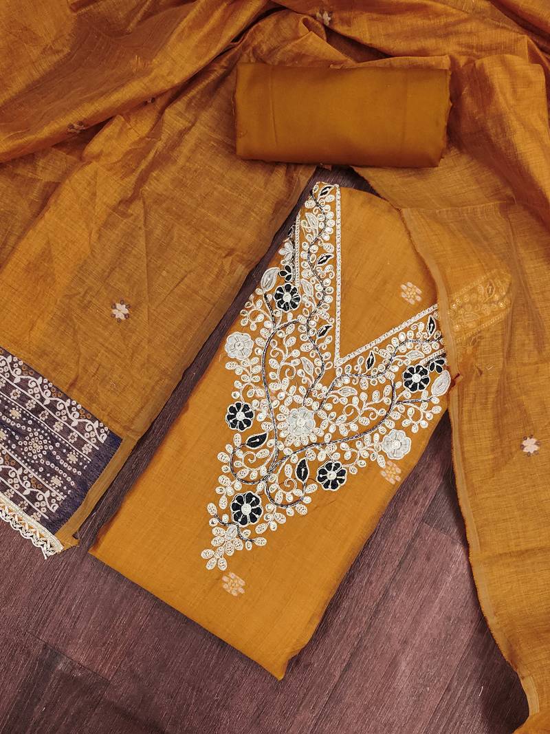 mustard unstitched weaving handwork with woven dupatta dress material