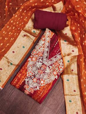 multi unstitched print handwork with woven embellished dupatta modal dress material 4