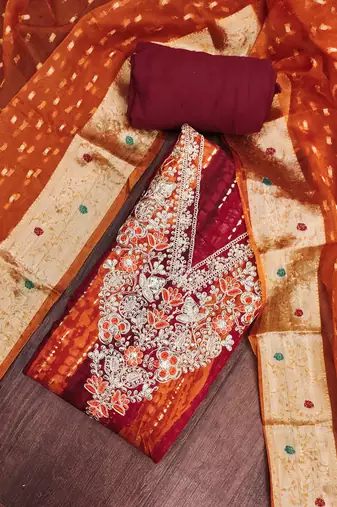 multi unstitched print handwork with woven embellished dupatta modal dress material