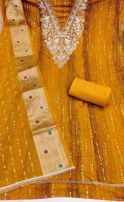 multi unstitched print handwork with woven embellished dupatta modal dress material 2