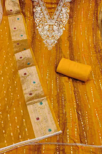 multi unstitched print handwork with woven embellished dupatta modal dress material