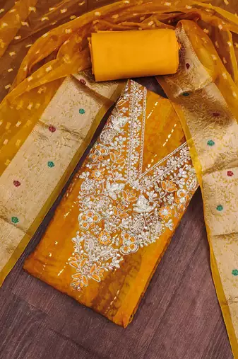 multi unstitched print handwork with woven embellished dupatta modal dress material
