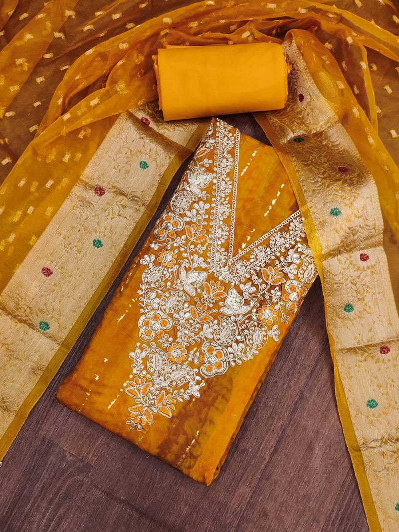 multi unstitched print handwork with woven embellished dupatta modal dress material