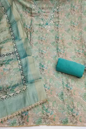 multi unstitched digital print handwork with printed dupatta linen dress material