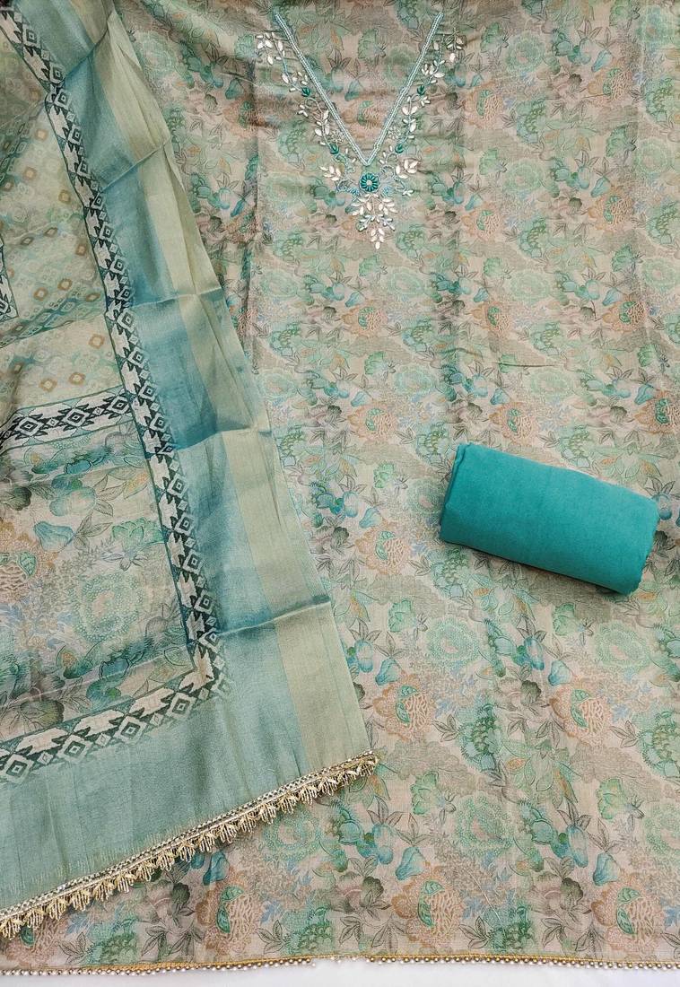 multi unstitched digital print handwork with printed dupatta linen dress material
