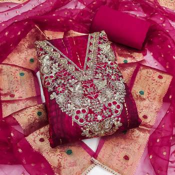multi unstitched print handwork with woven embellished dupatta modal dress material 1