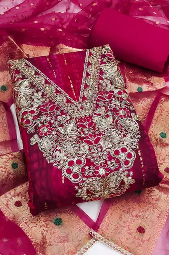 multi unstitched print handwork with woven embellished dupatta modal dress material