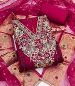 multi unstitched print handwork with woven embellished dupatta modal dress material