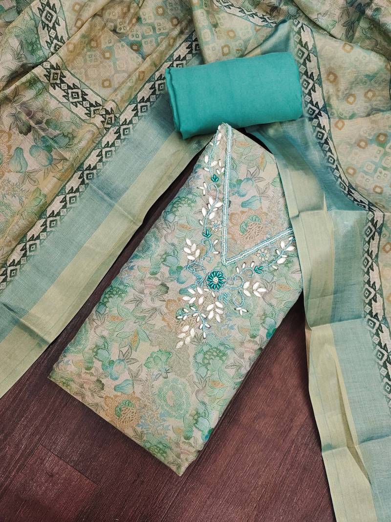 multi unstitched digital print handwork with printed dupatta linen dress material
