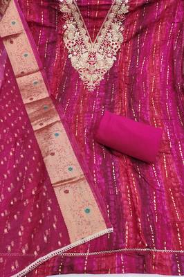 multi unstitched print handwork with woven embellished dupatta modal dress material 2