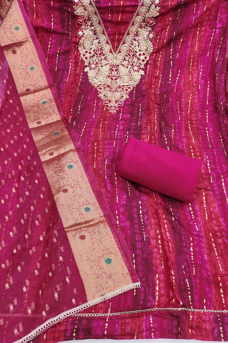 multi unstitched print handwork with woven embellished dupatta modal dress material