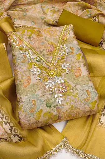 multi unstitched digital print handwork with printed dupatta linen dress material